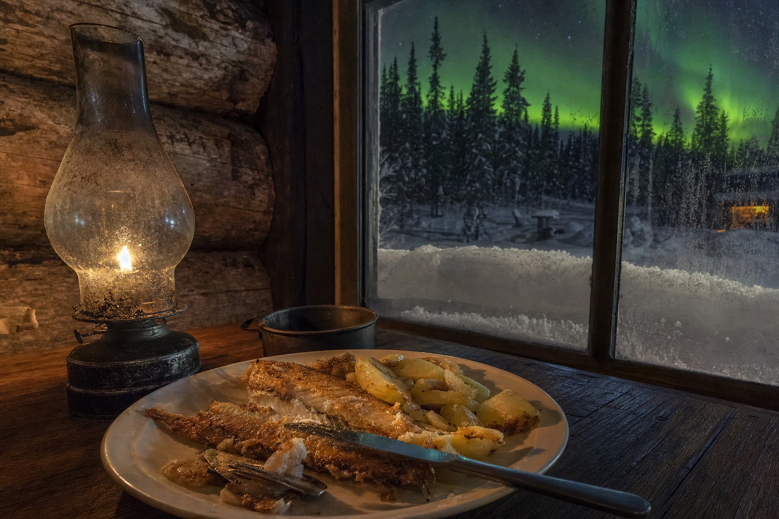 Golden pan-fried lake fish and potatoes served at a rustic wooden table inside a warm log cabin restaurant