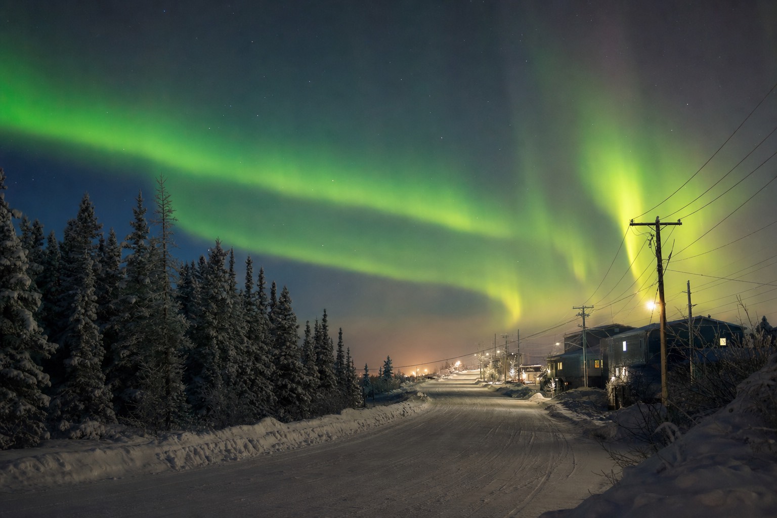 Ice fog and low sun over a frozen Yellowknife street with frost-covered trees at minus 30