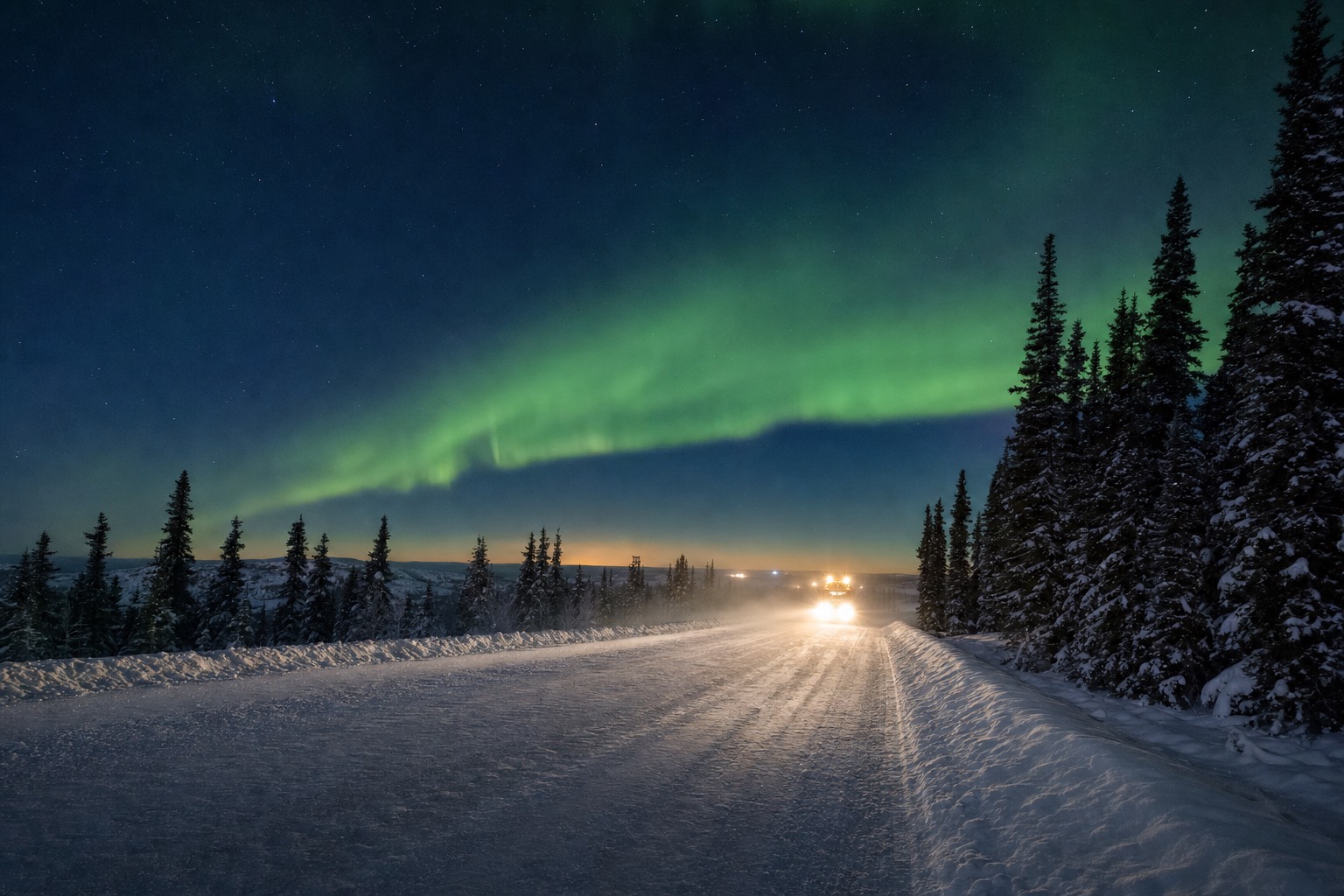 Heavy truck headlights glowing through ice fog on a plowed white ice road at dusk near Yellowknife