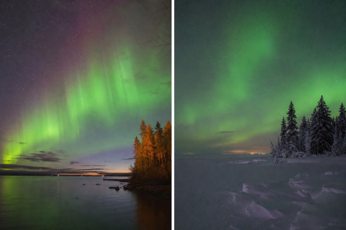 Split scene of autumn aurora over open water and deep winter aurora over snow-covered lake ice