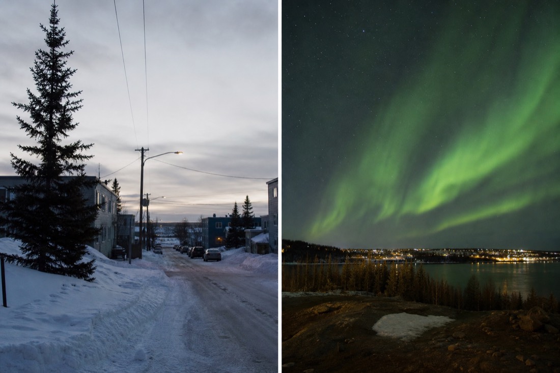 Split scene of a dark winter afternoon street and a bright late evening summer sky over Yellowknife