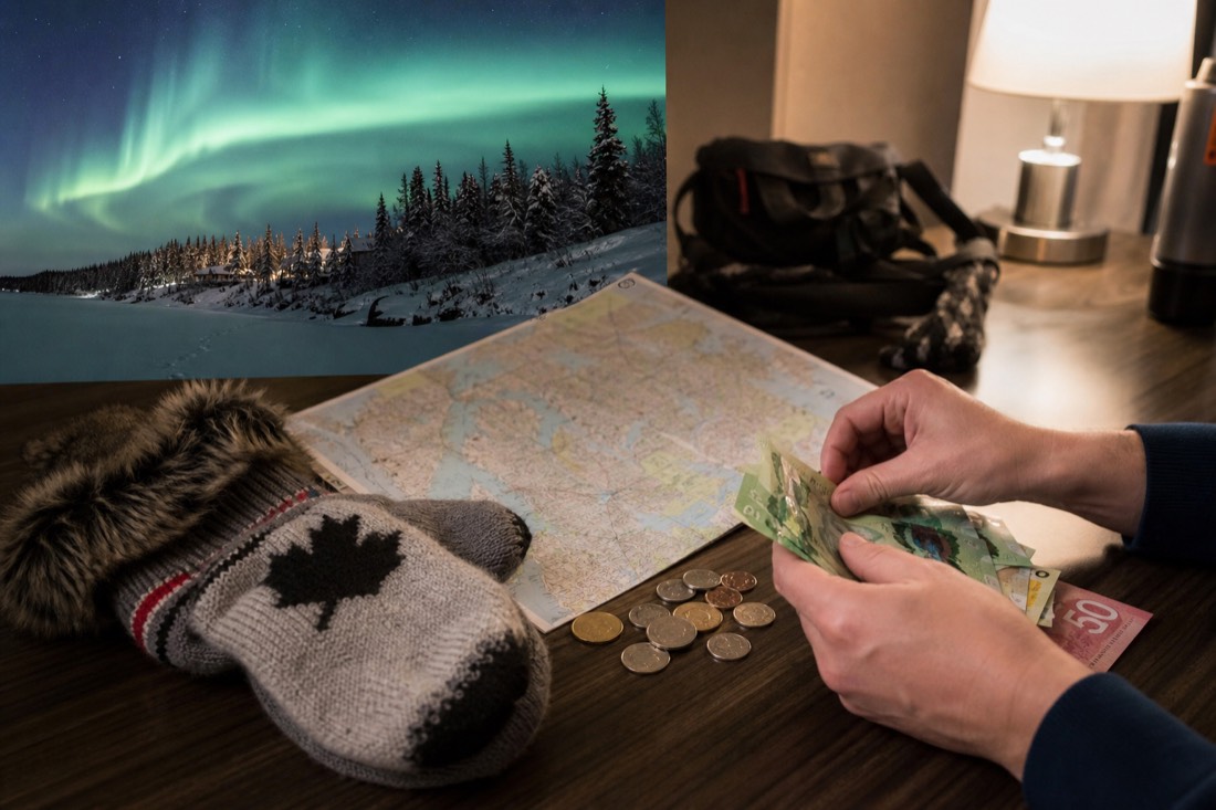 Hands sorting Canadian banknotes and coins beside a folded map and thick mittens on a hotel desk in winter Yellowknife