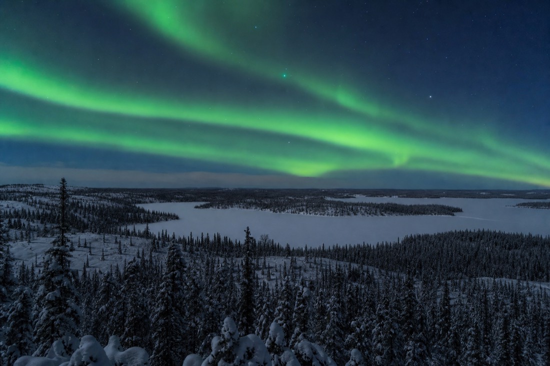 Endless boreal spruce forest and frozen lakes stretching north from Yellowknife under winter light