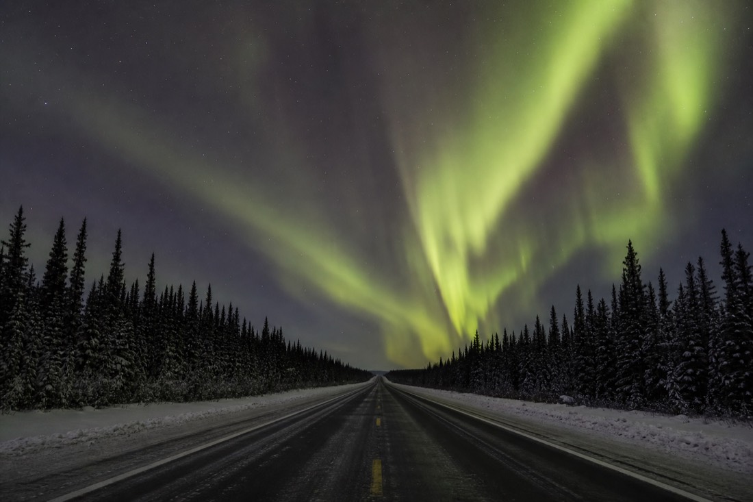 Empty two-lane northern highway running straight through boreal forest toward a distant horizon