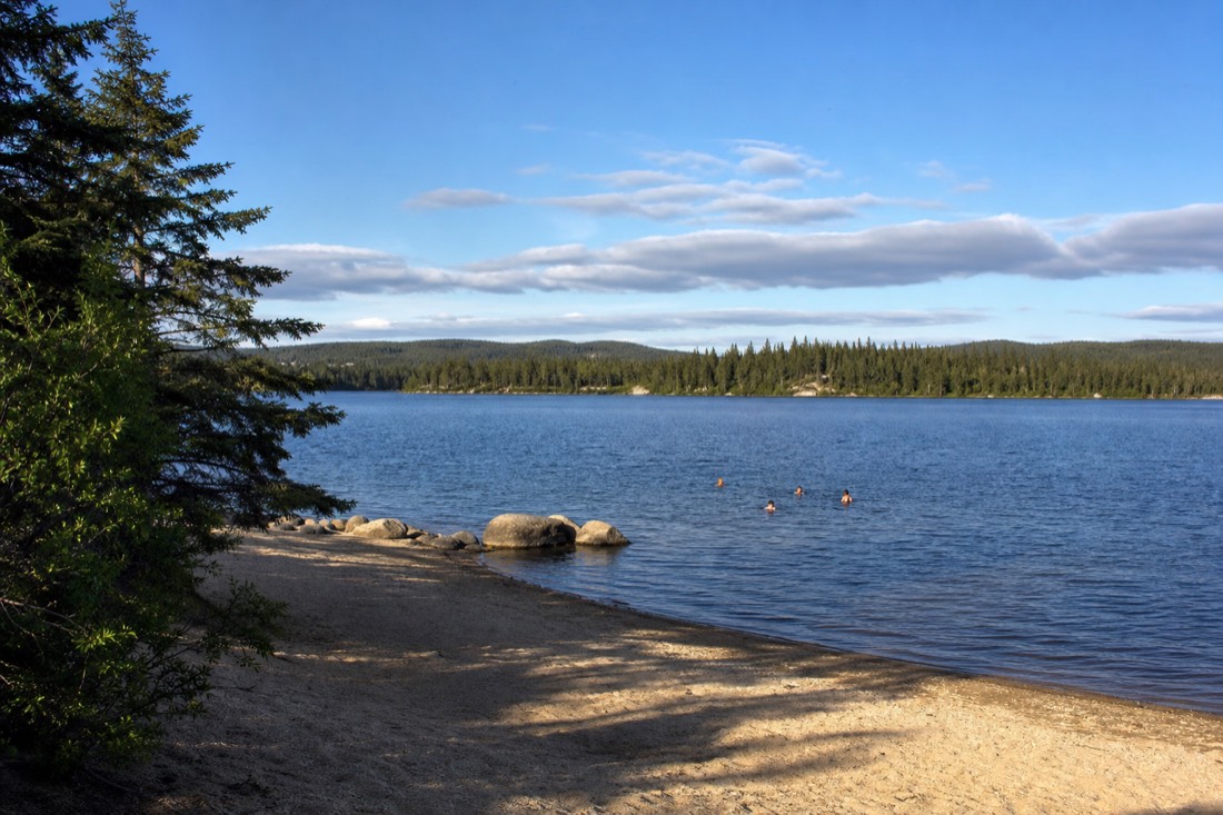 Sandy beach on Long Lake with swimmers in the water and boreal forest along the far shore on a warm afternoon