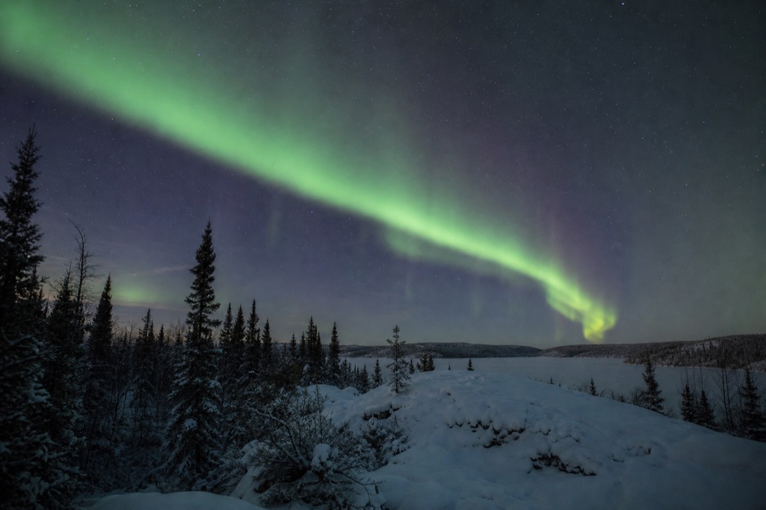 Bright aurora band stretching across a dark September sky above the boreal forest near Yellowknife