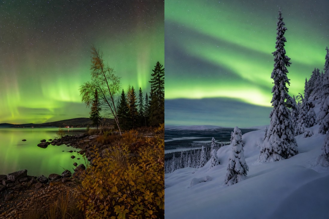 Split scene of a mild autumn lakeshore and a deep winter snowscape both under green aurora