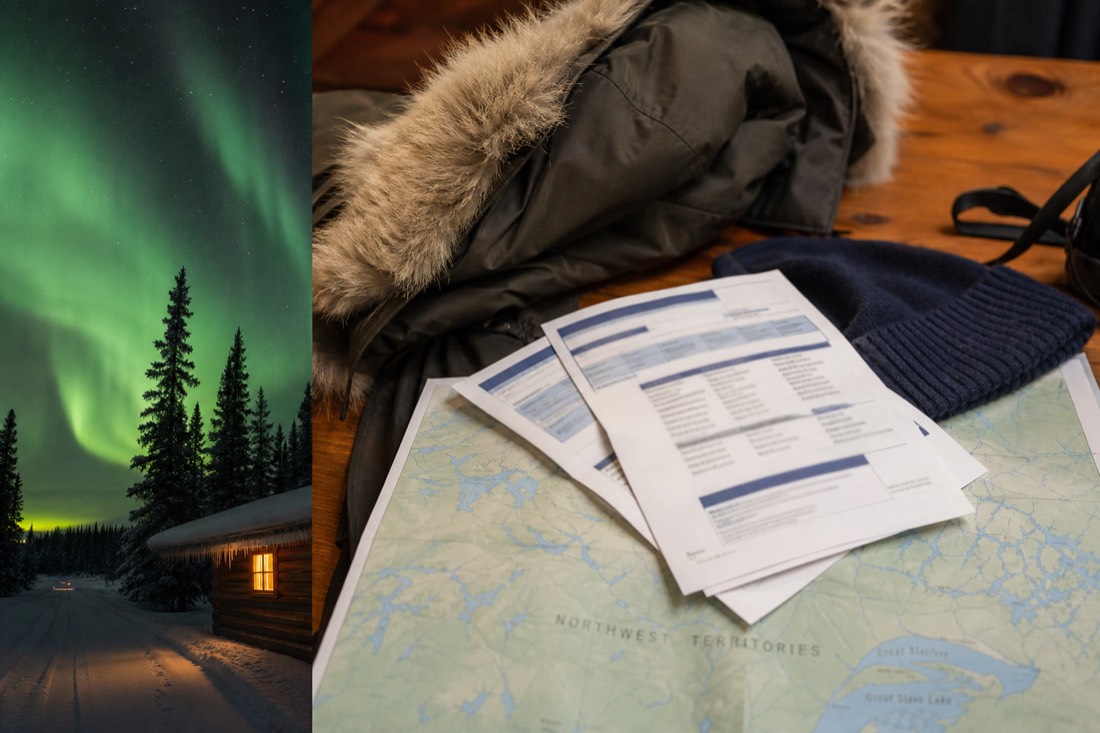 Winter travel planning scene with a map of the Northwest Territories, a parka, and printed tour confirmations on a wooden table