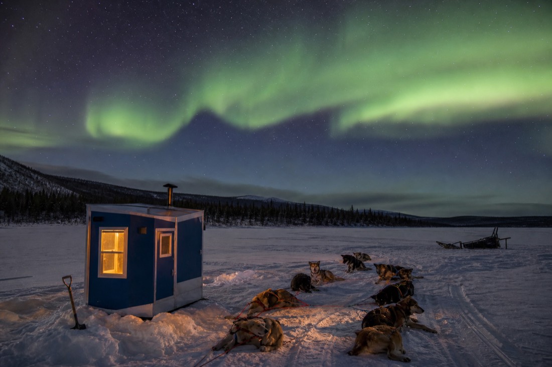 Dog sled team resting on a frozen lake in daylight beside a heated ice fishing hut with low winter sun
