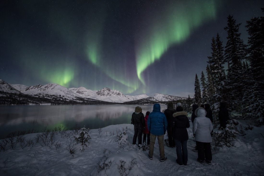 Aurora band overhead at a winter viewpoint with a small tour group watching from a snowy lakeshore