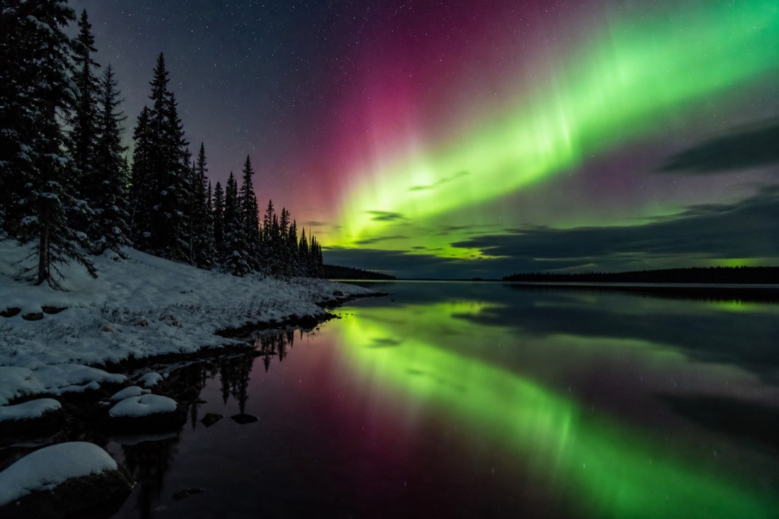 Autumn aurora reflected in the open water of a northern lake with dark spruce silhouettes