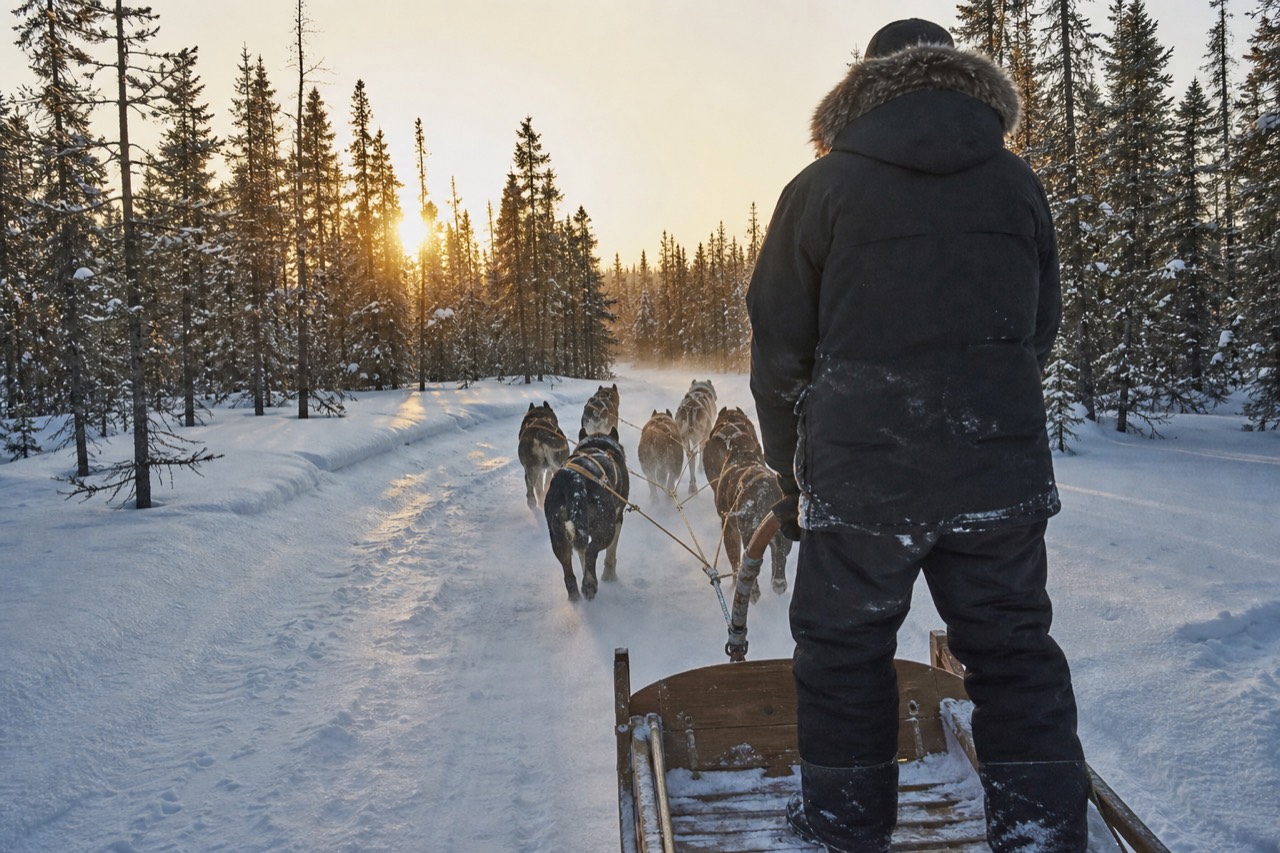 A husky dog team pulling a sled along a snowy forest trail near Yellowknife