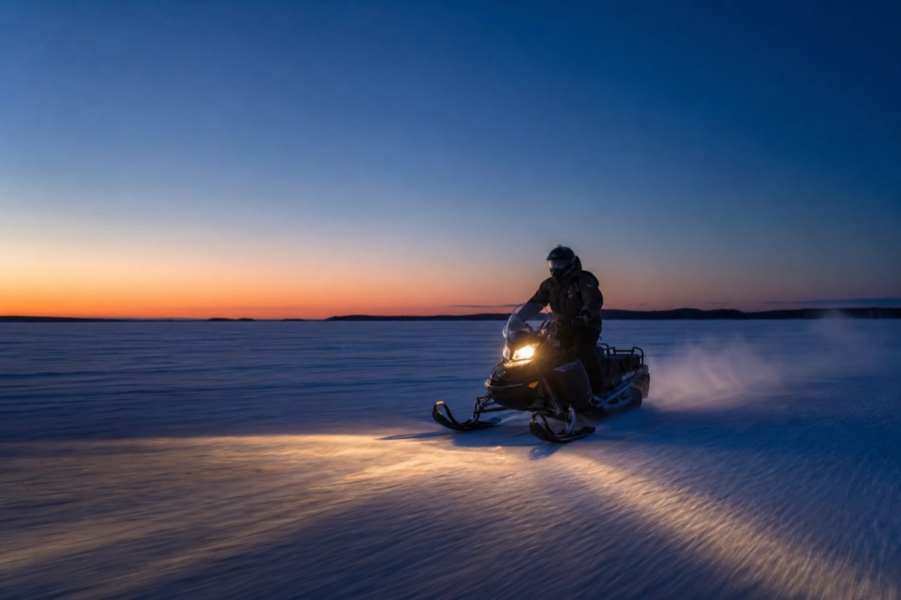 A snowmobile crossing wide lake ice at dusk near Yellowknife, headlight cutting through blue twilight